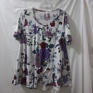 LuLaRoe Large Floral Tunic Top Short Sleeve White‎ Red Purple Casual